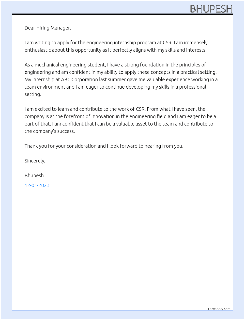 Engineering Internship Program At CSR  Cover Letter