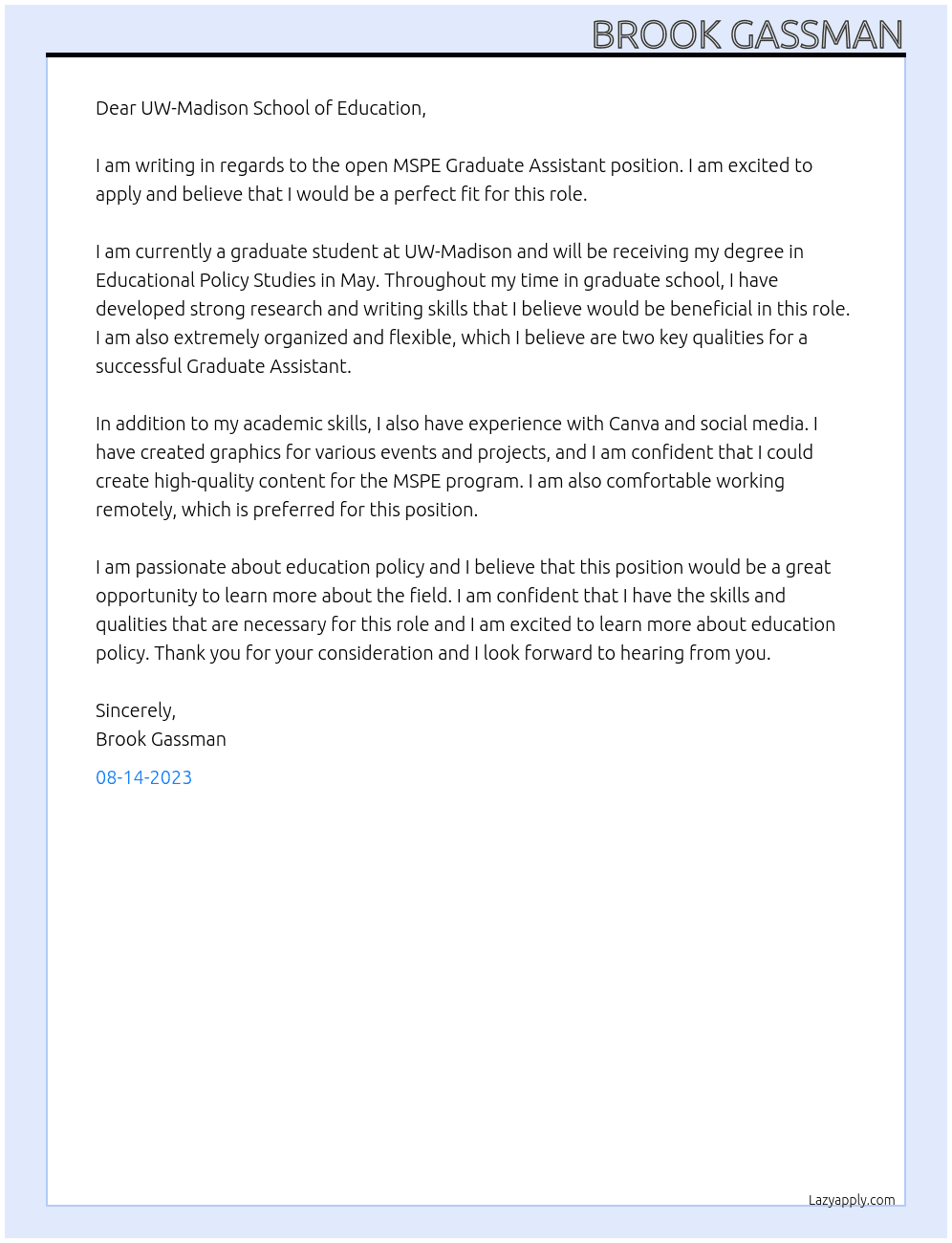MSPE Graduate Assistant  At UW-Madison School of Education Cover Letter