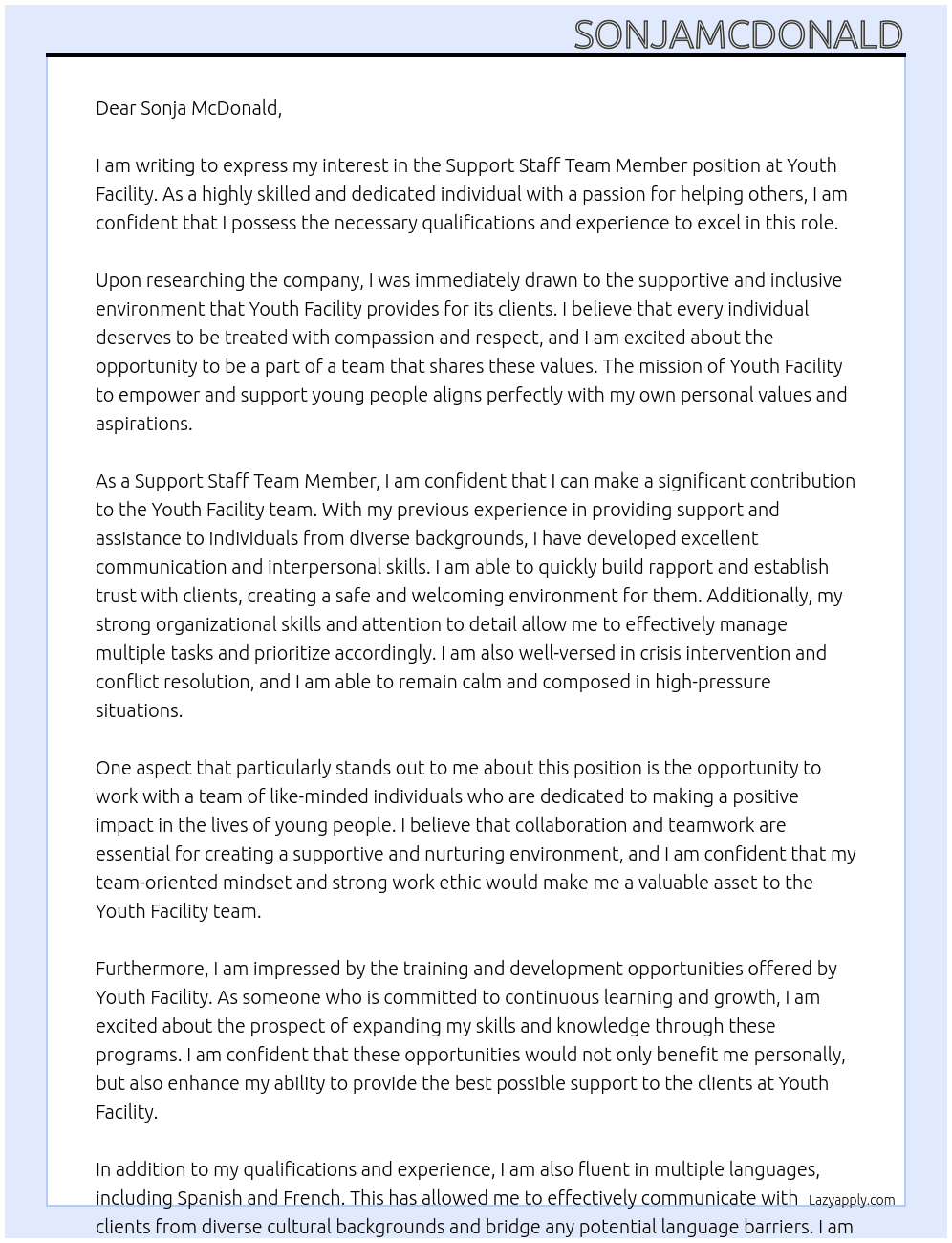 Support Staff Team Member At Youth Facility  Cover Letter