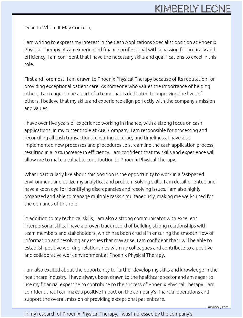 Cash Applications Specialist At Phoenix Physical Therapy Cover Letter
