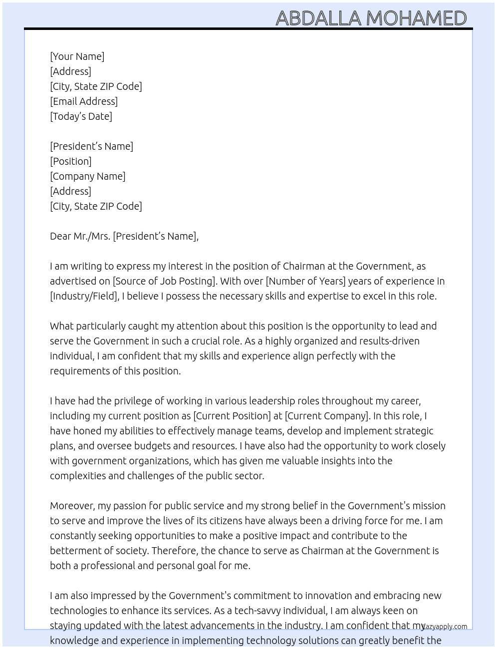 Chairman  At Government  Cover Letter