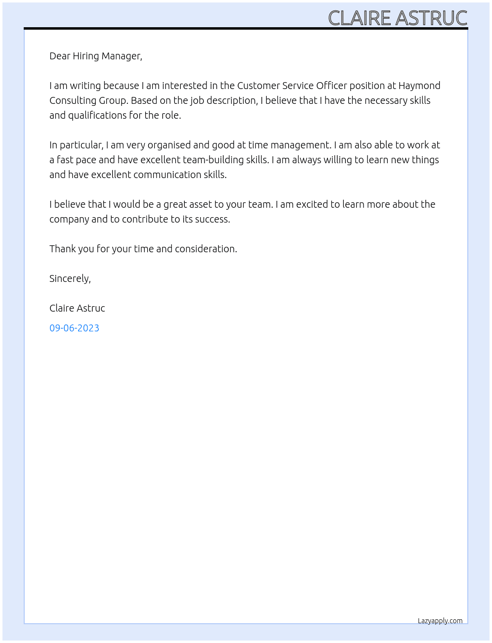 Customer Service Officer At Haymond Consulting Group Cover Letter