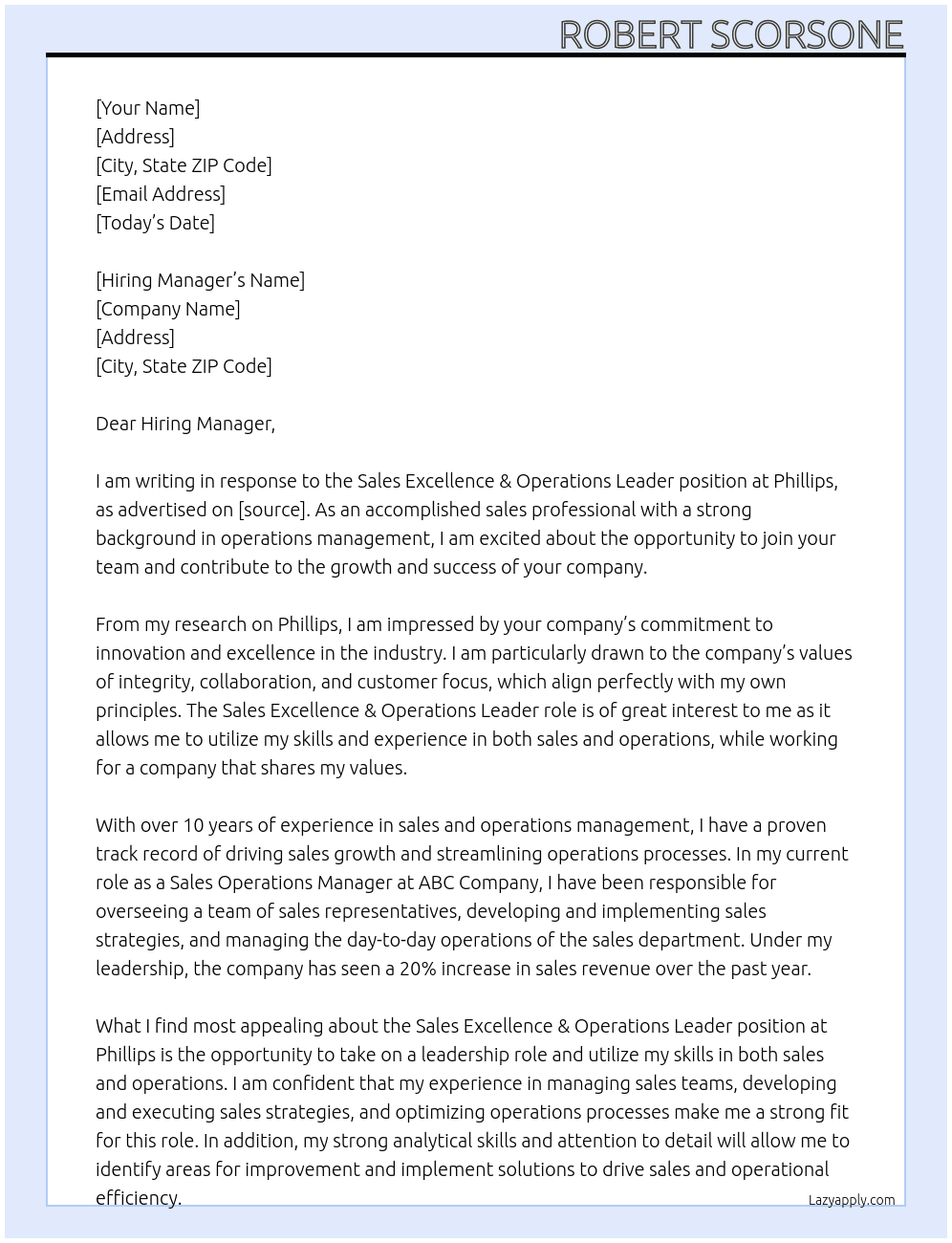 Sales Excellence & Operations Leader At Phillips Cover Letter