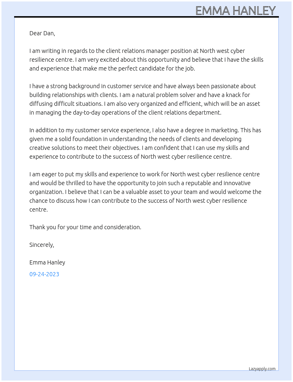 Client relations manager  At North west cyber resilience centre  Cover Letter
