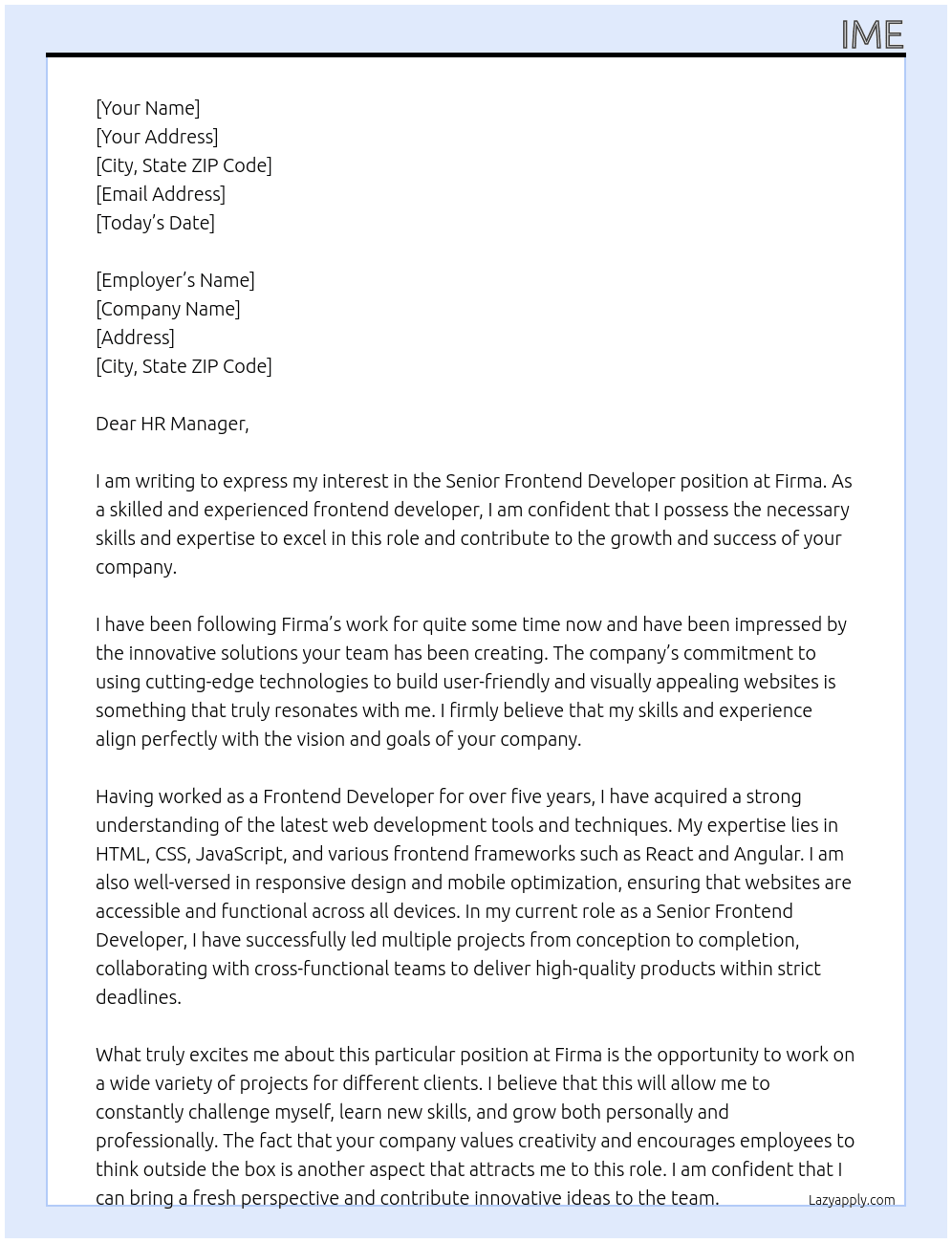 senior frontend developer At Firma Cover Letter