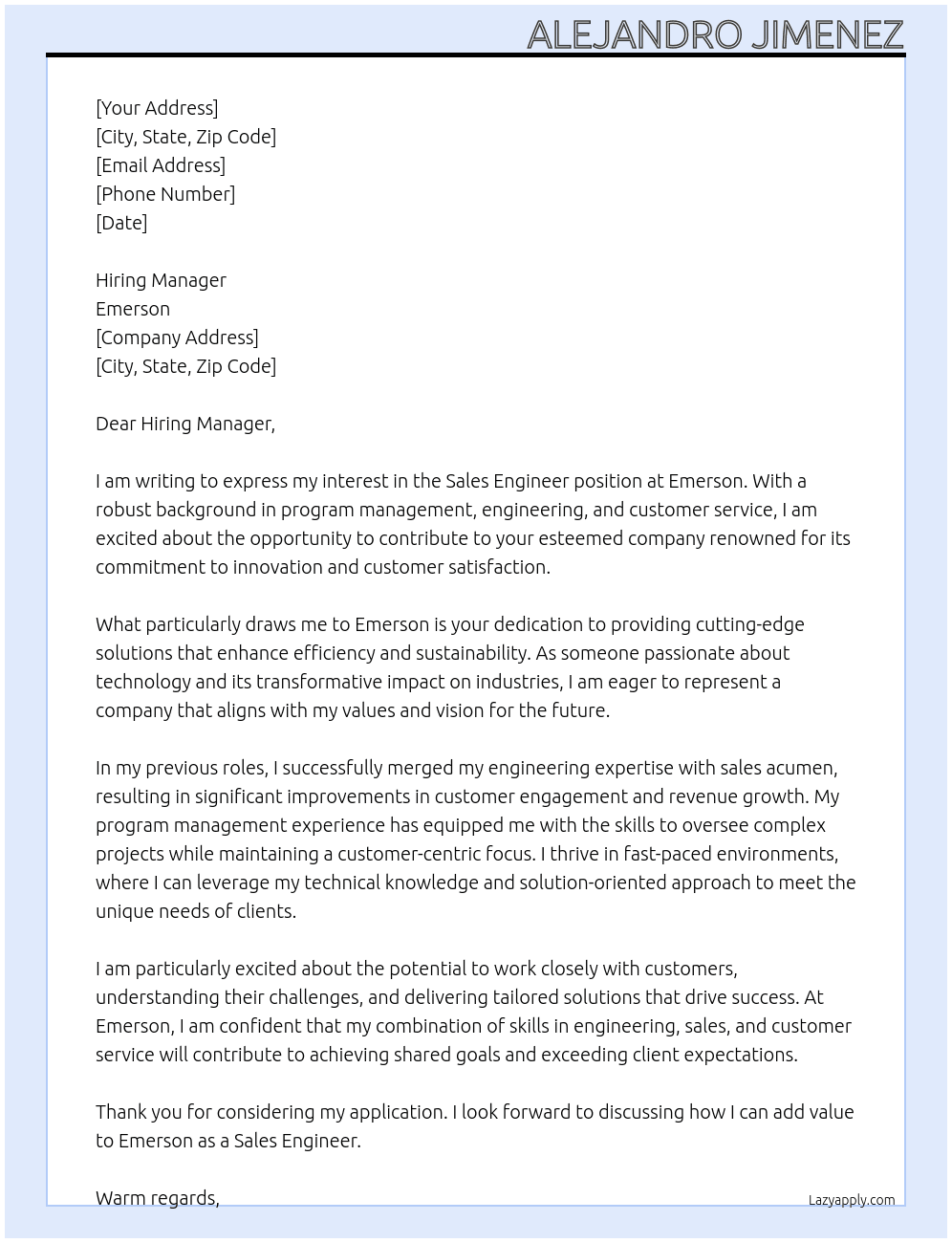 Sales Engineer At Emerson Cover Letter
