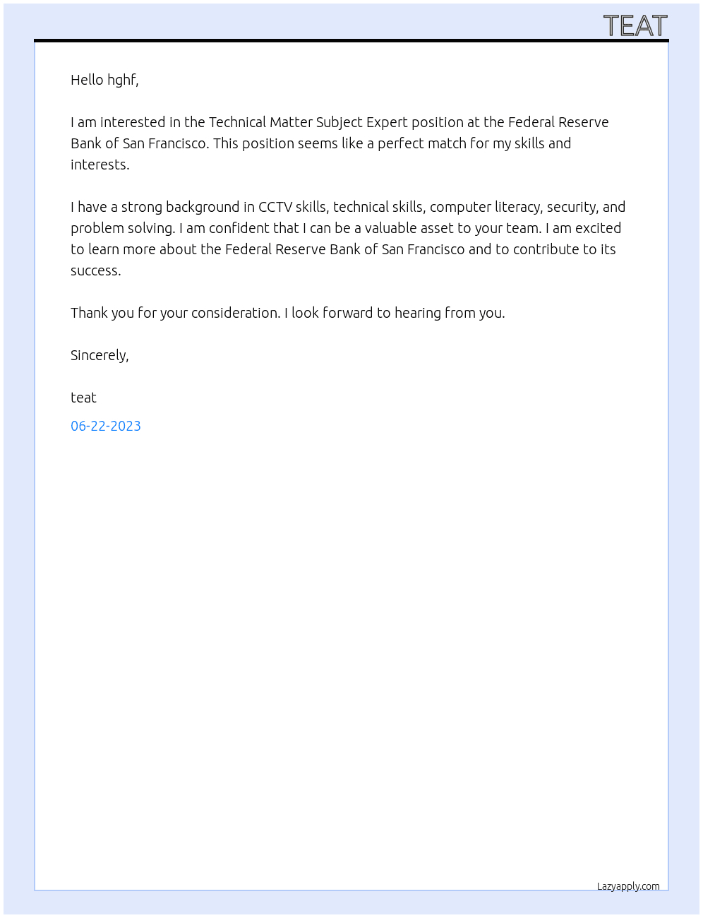 Technical Matter Subject Expert At Federal Reserve Bank of San Francisco  Cover Letter