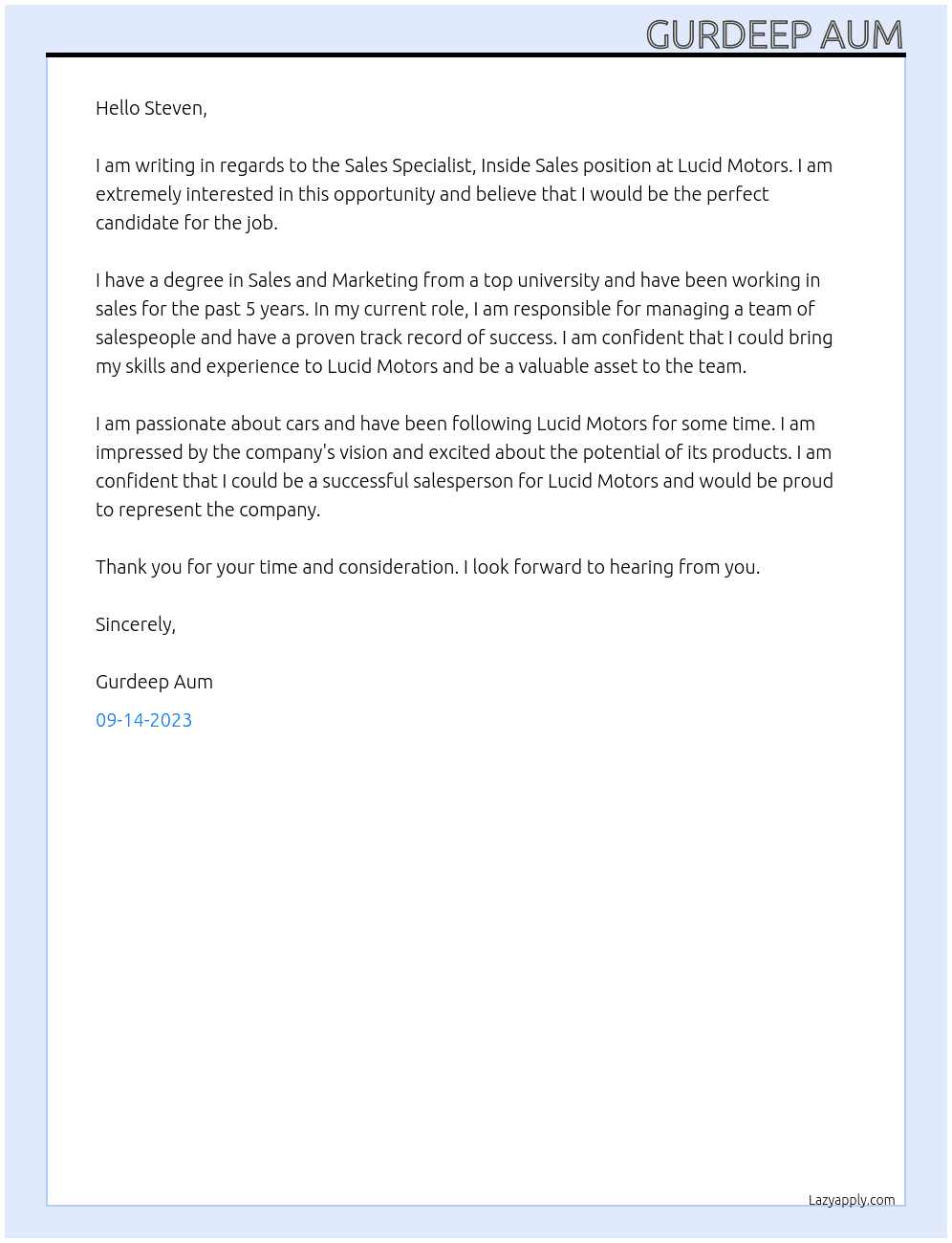 Sales Specialist, Inside Sales. At Lucid Motors Cover Letter