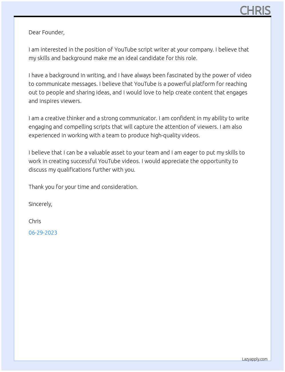 YouTube Script writing  At YouTube script writing  Cover Letter