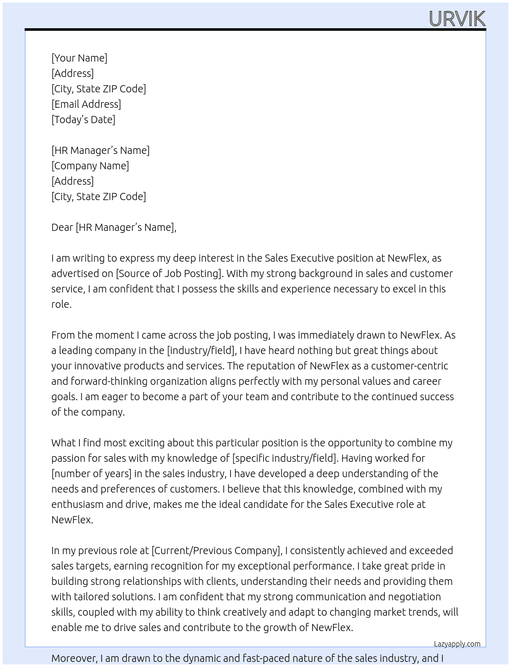 Sales Executive At NewFlex Cover Letter