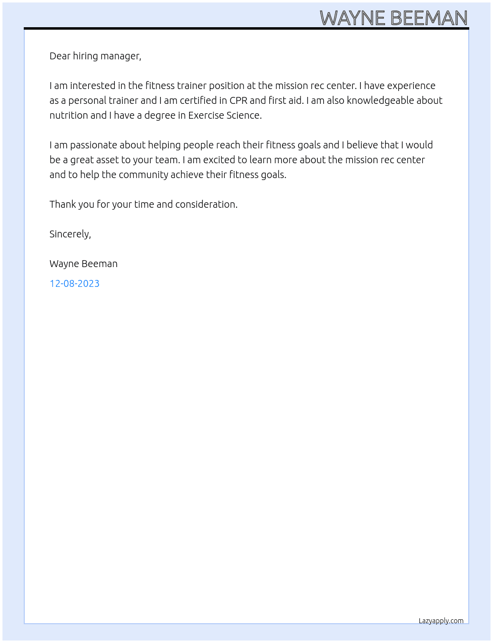fitnessl trainer At mission rec center Cover Letter