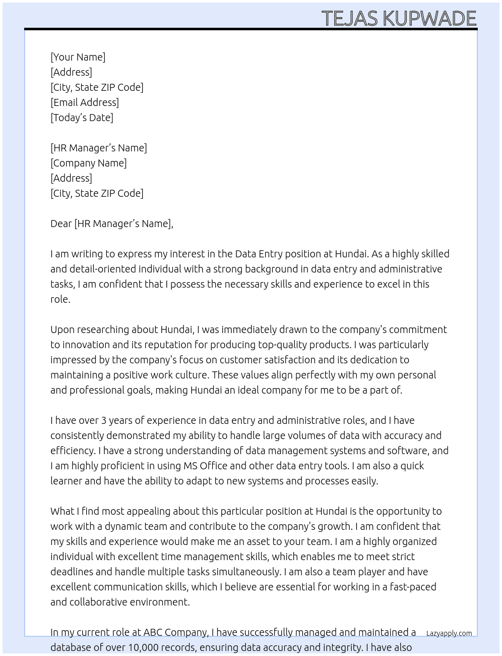 Data entry  At Hundai Cover Letter