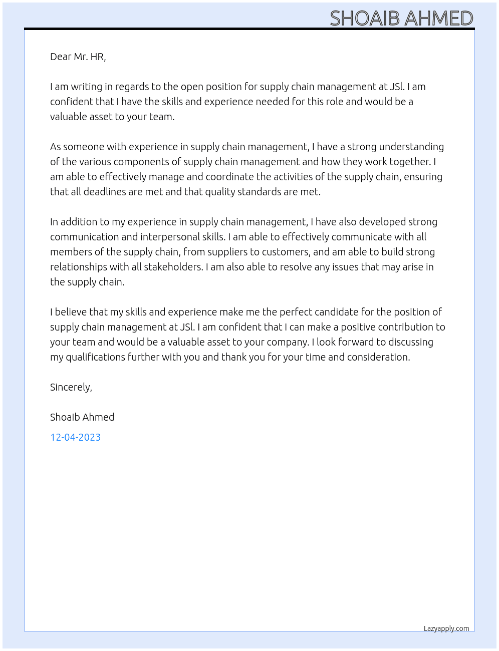 supply chain management At JSl Cover Letter
