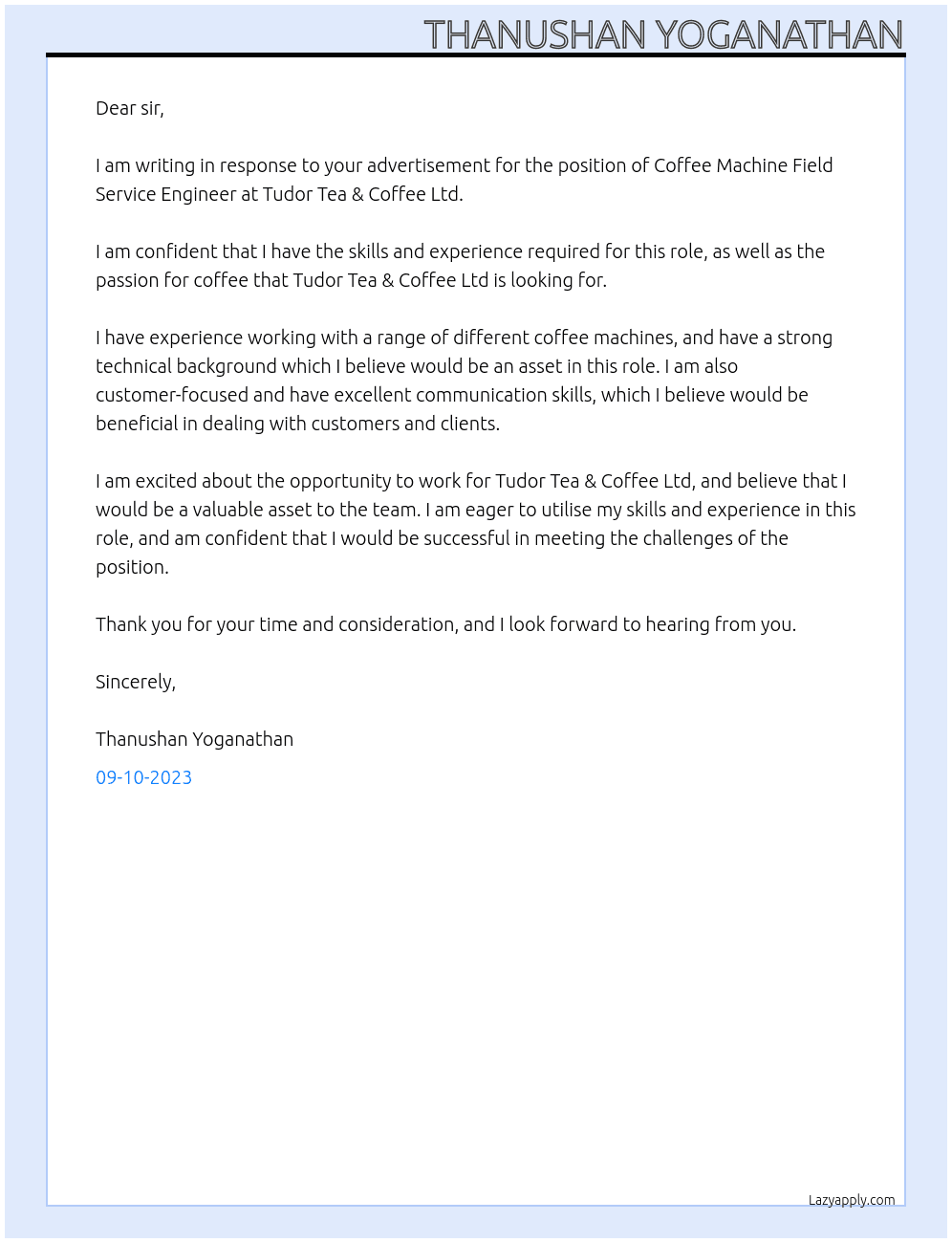 Coffee Machine Field Service Engineer At Tudor Tea & Coffee Ltd Cover Letter