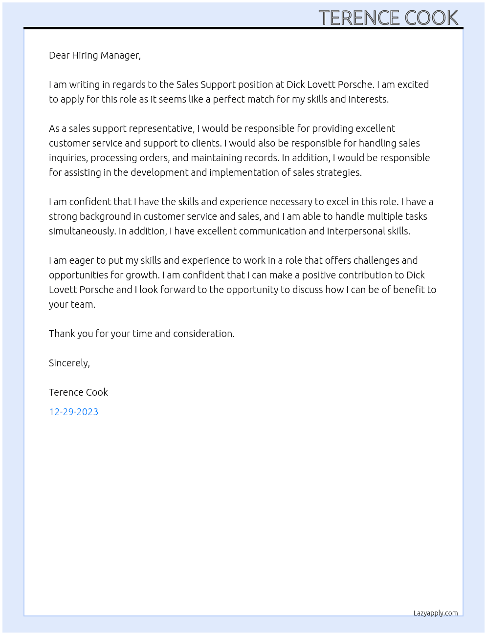 Sales support  At Dick Lovett Porsche  Cover Letter
