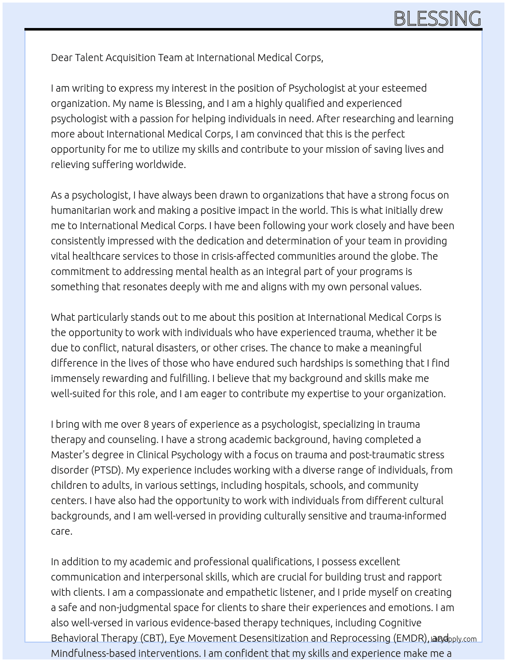 Psychologist At International Medical Corps Cover Letter