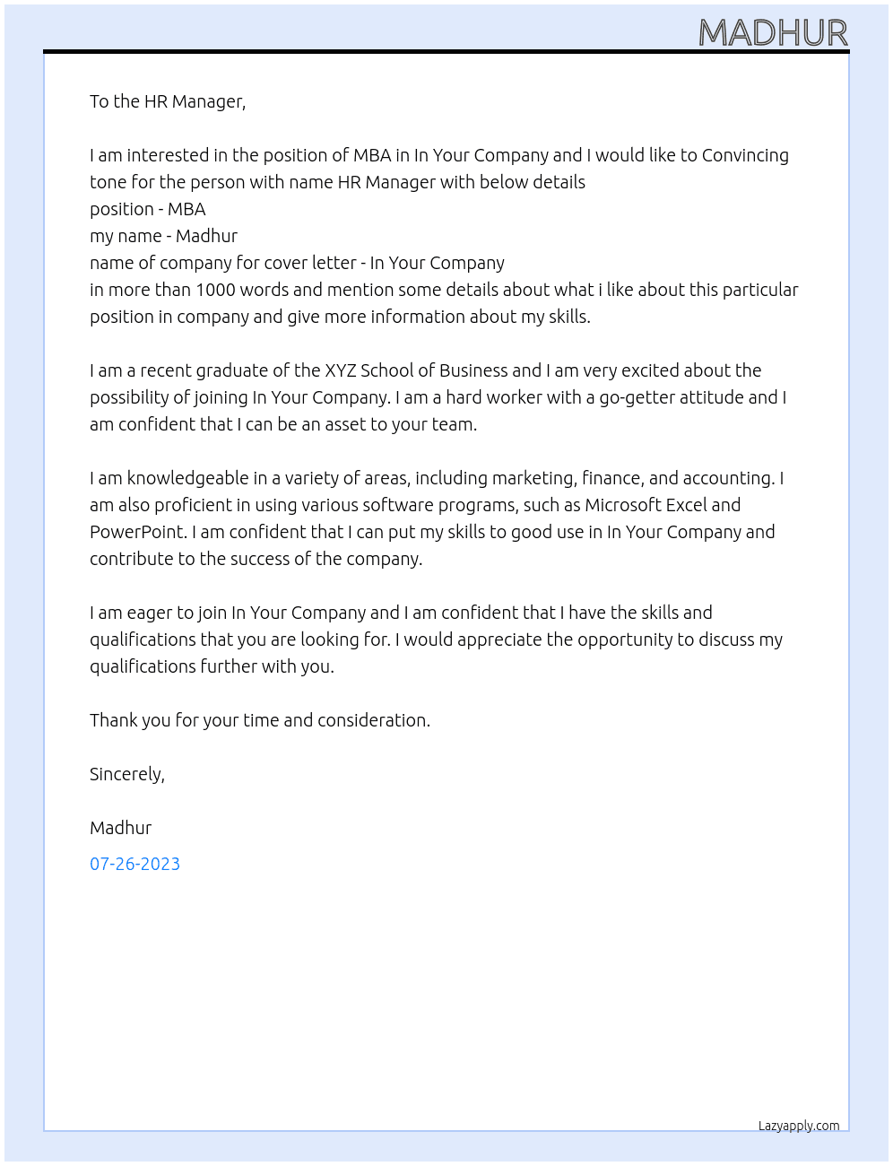 MBA  At In Your Company Cover Letter