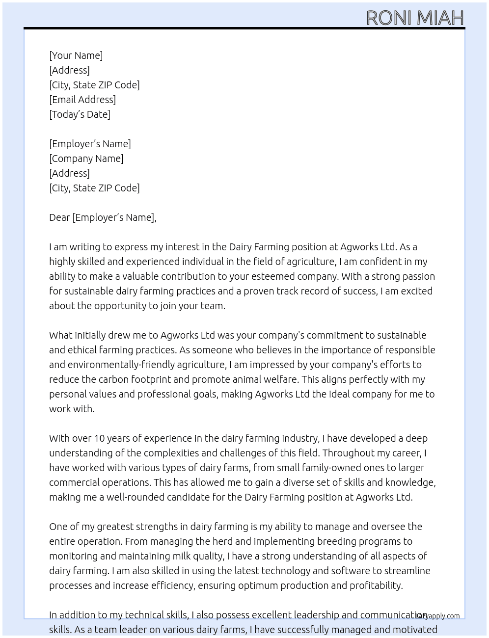 Dairy Farming At Agworks Ltd Cover Letter