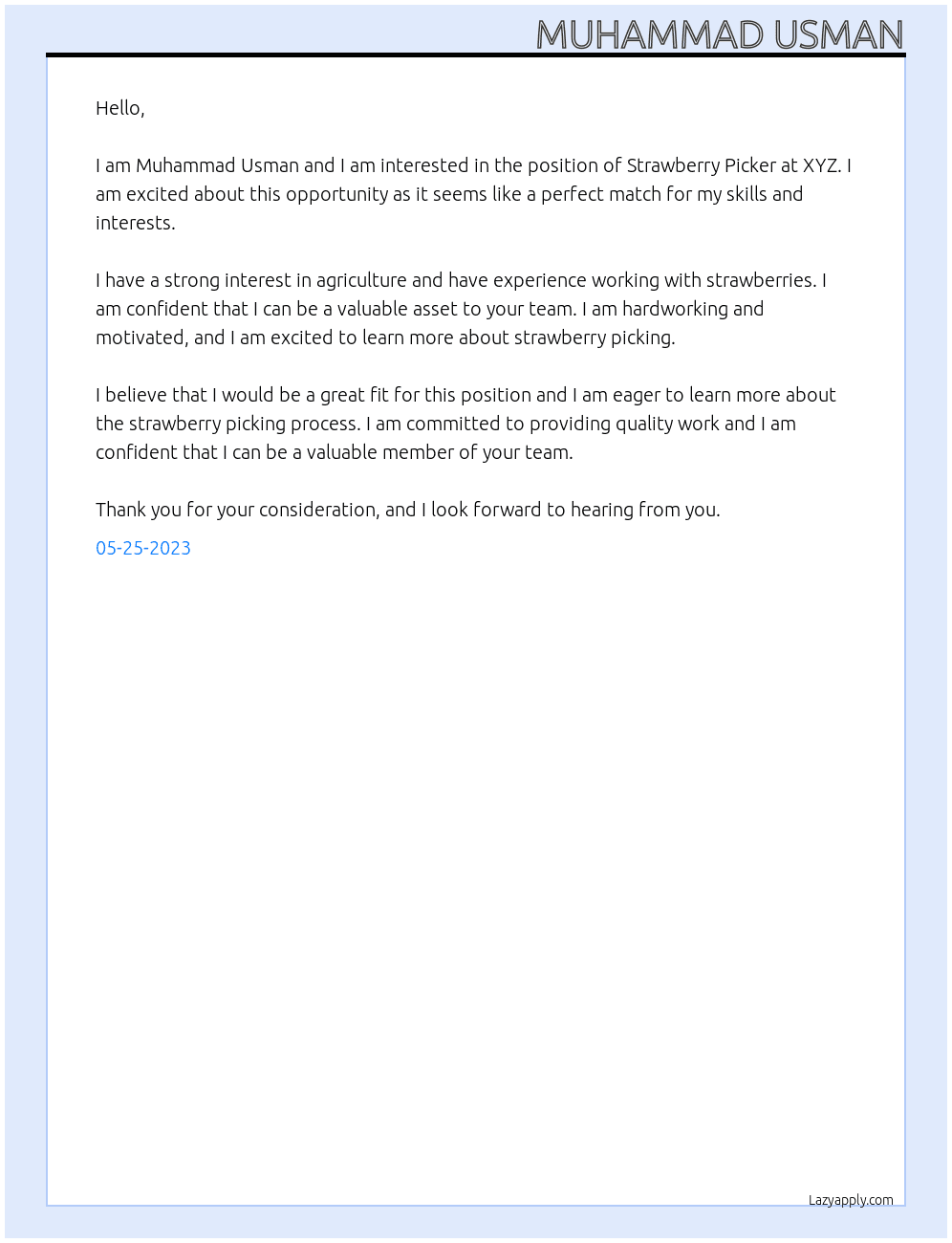 Strawberry picker At XYZ Cover Letter