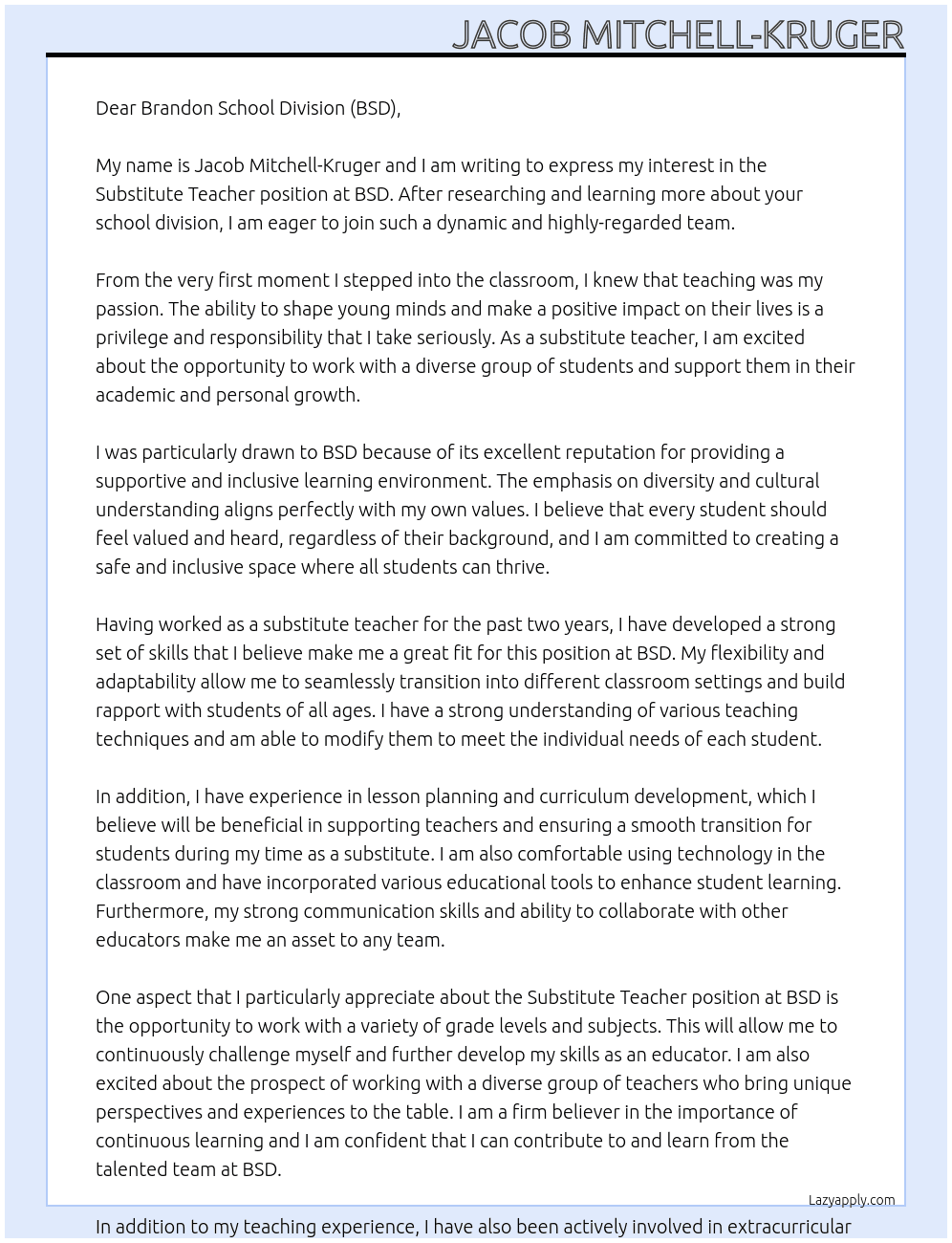 Cover letter for substitute teacher - LazyApply