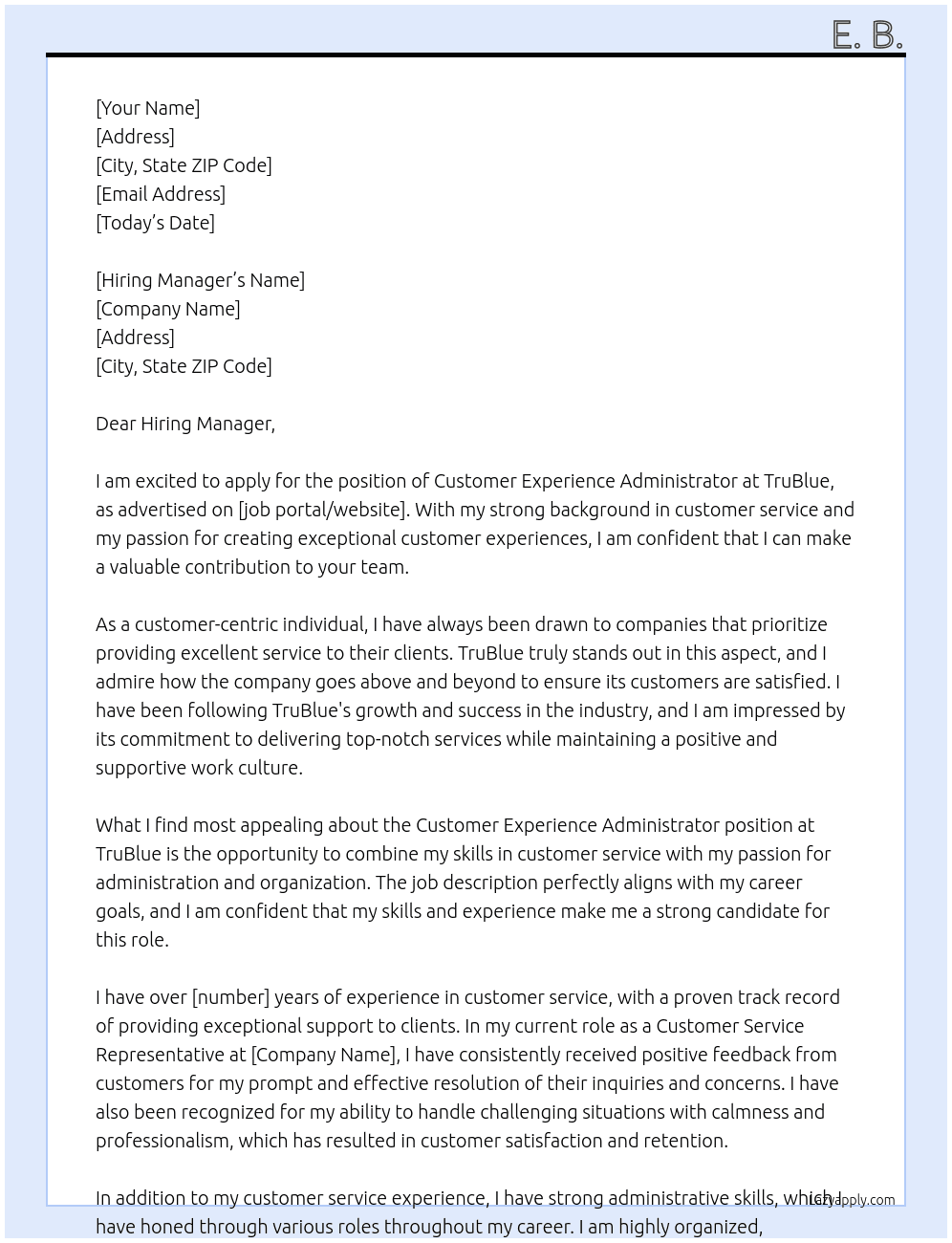 Customer Experience Administrator At TruBlue Cover Letter