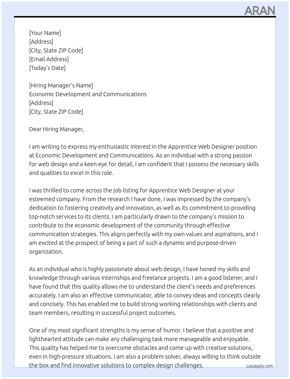 Apprentice Web Designer  At Economic Development and Communications Cover Letter