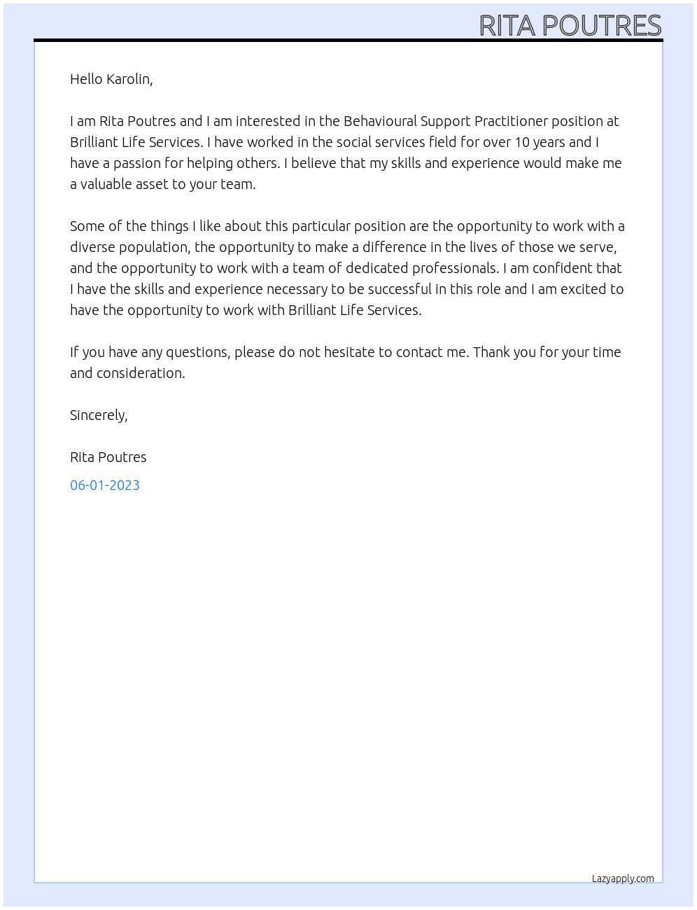 Behavioural Support Practitioner At Brilliant Life Services Cover Letter