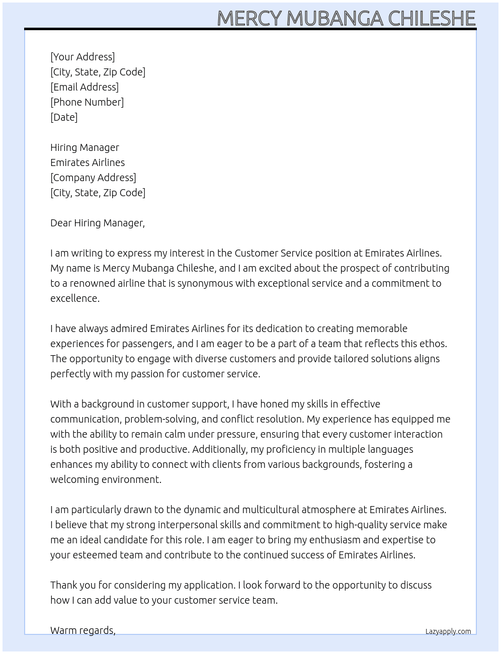 Customer service Emirates Airlines  At Emirates Airlines  Cover Letter