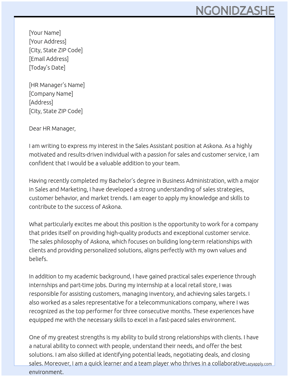 Sales Assistant At Askona Cover Letter