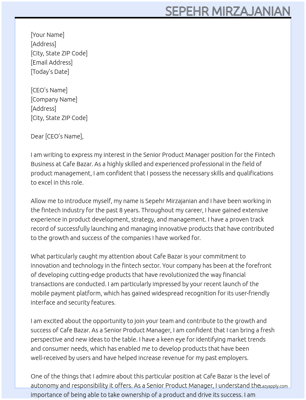 Senior Product Manager- Fintech Business At cafe bazar  Cover Letter
