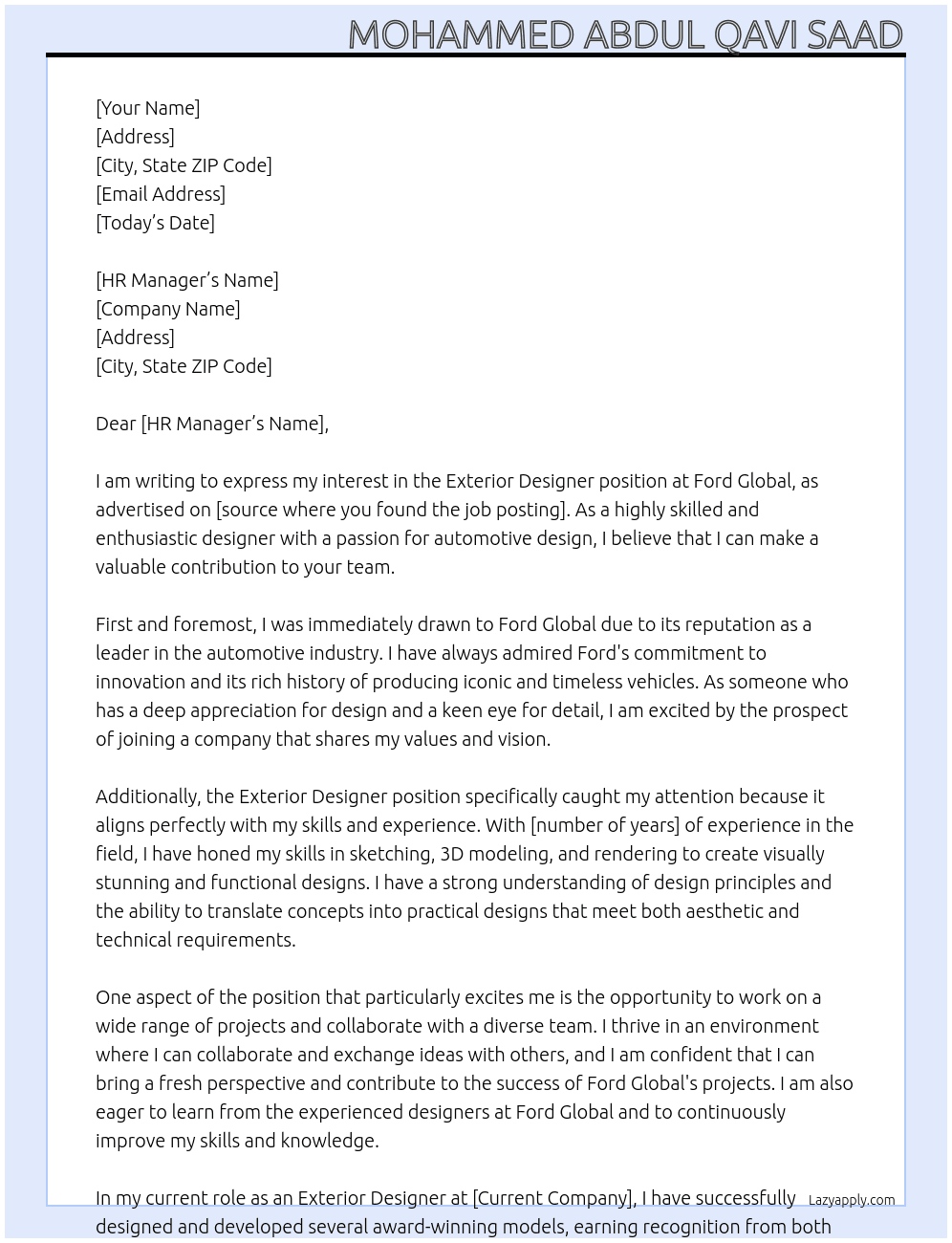  Exterior Designer At Ford Global  Cover Letter