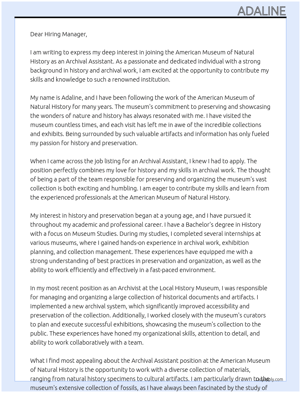 Cover letter for archival assitant - LazyApply