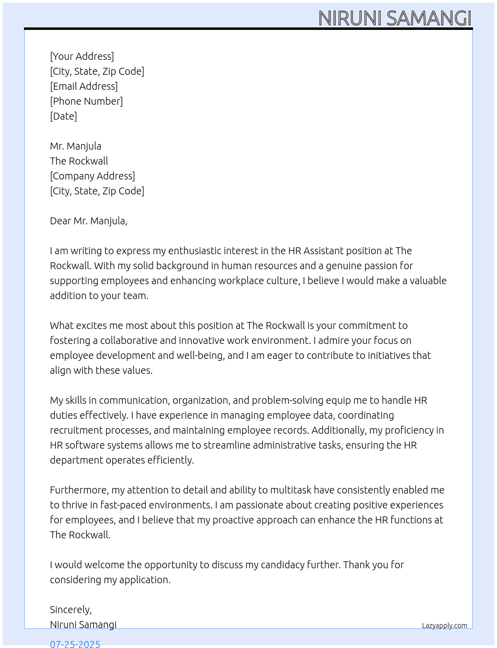 HR Assistant At The Rockwall Cover Letter
