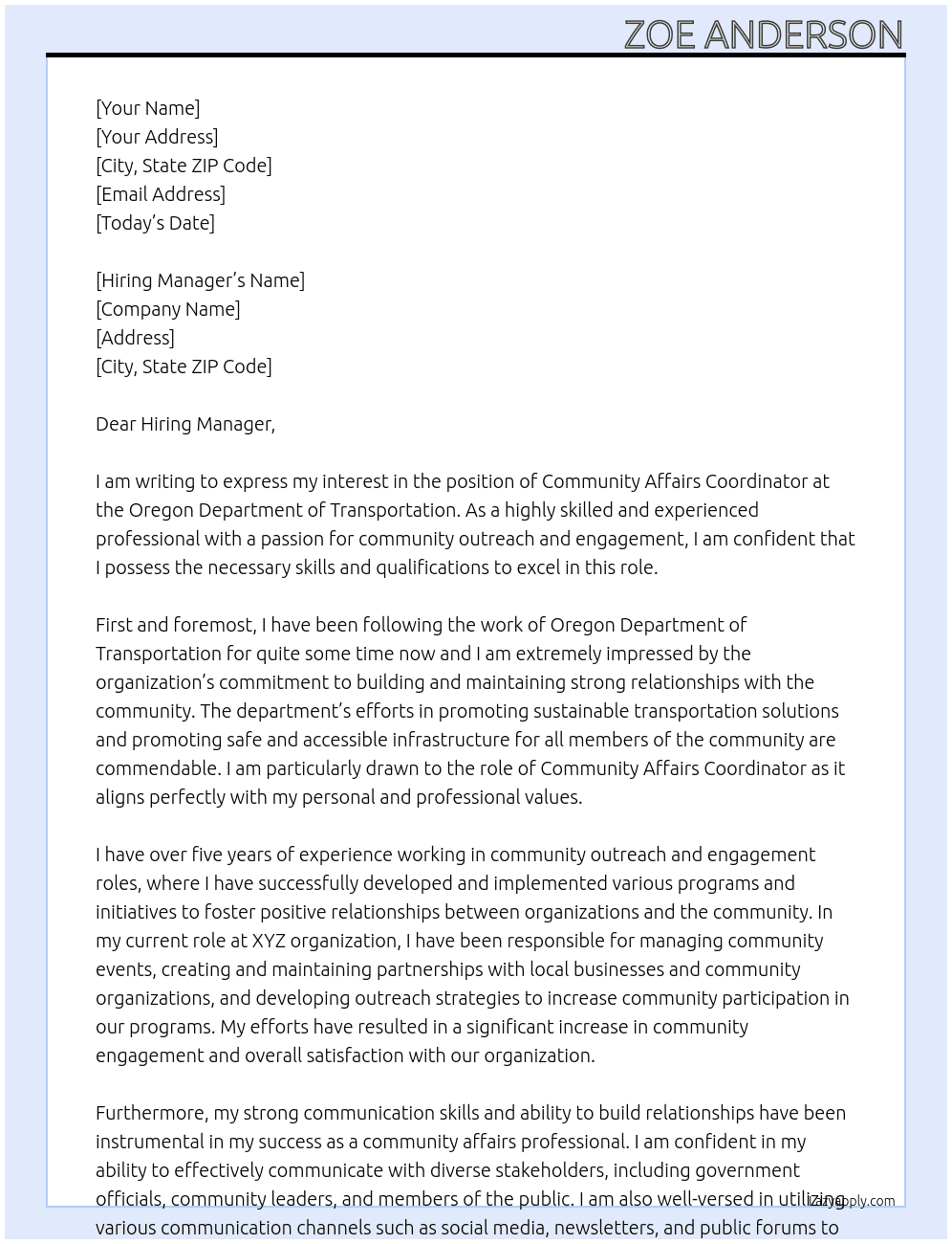 Community Affair Coordinator At Oregon Department or Transportation Cover Letter