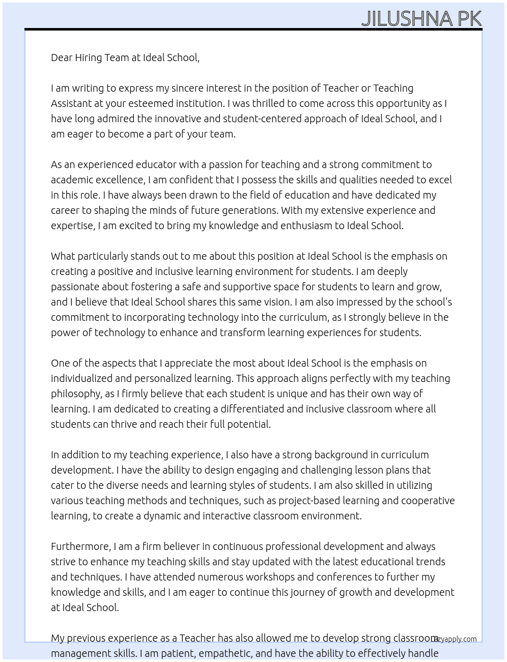 Teacher or teaching assistant  At Ideal school Cover Letter