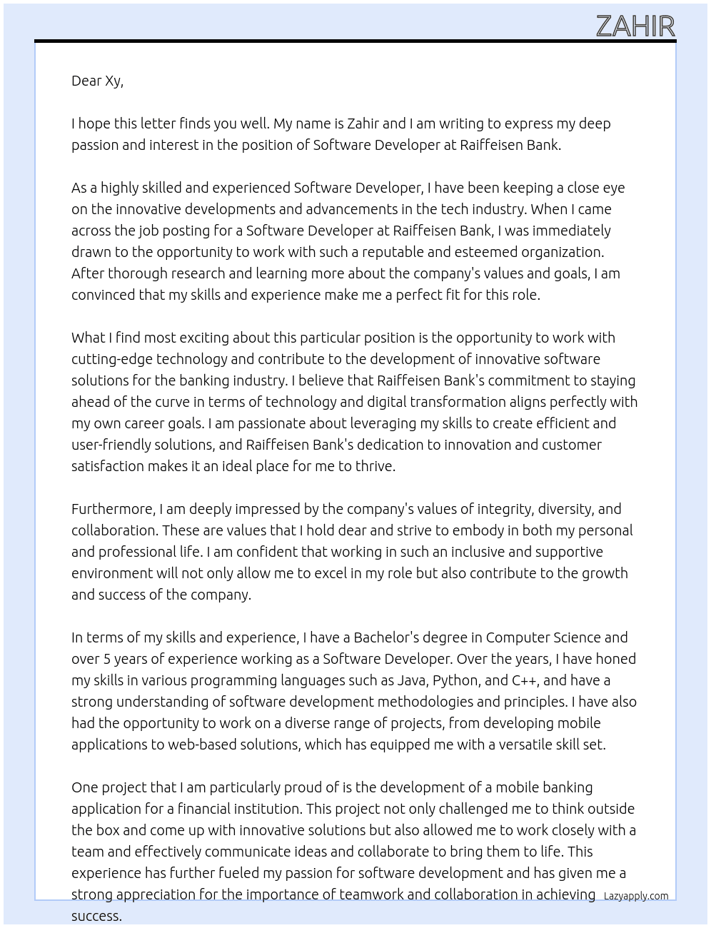 Software developer At Raifeissen bank Cover Letter