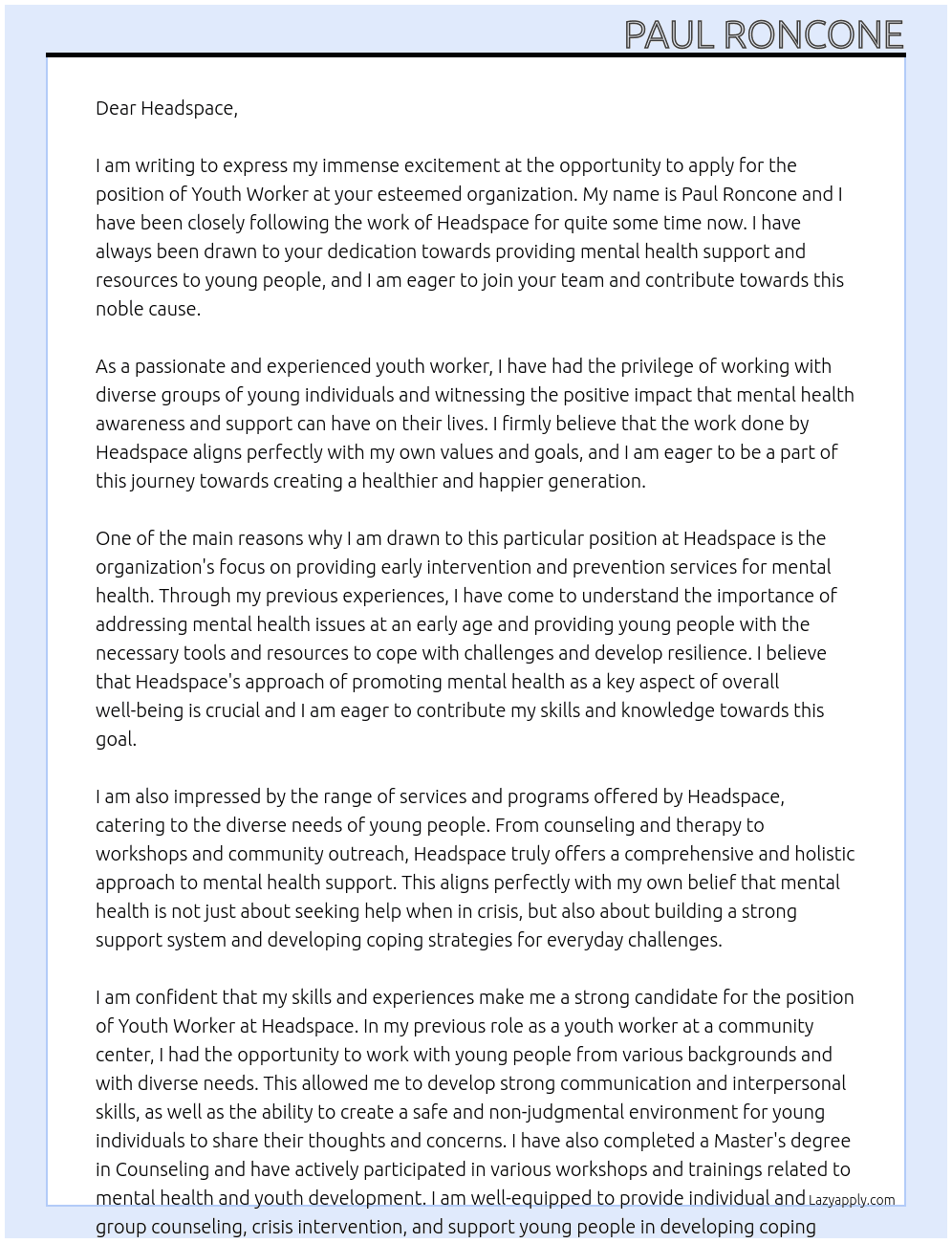 Youth Worker At  Headspace  Cover Letter