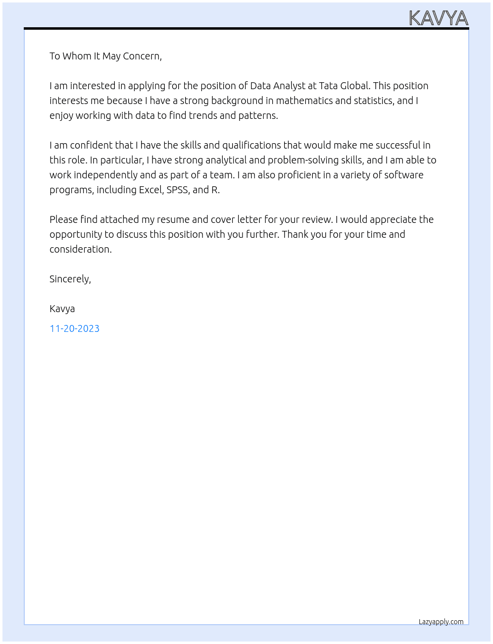 Data Analytic At Tata Global Internship Cover Letter