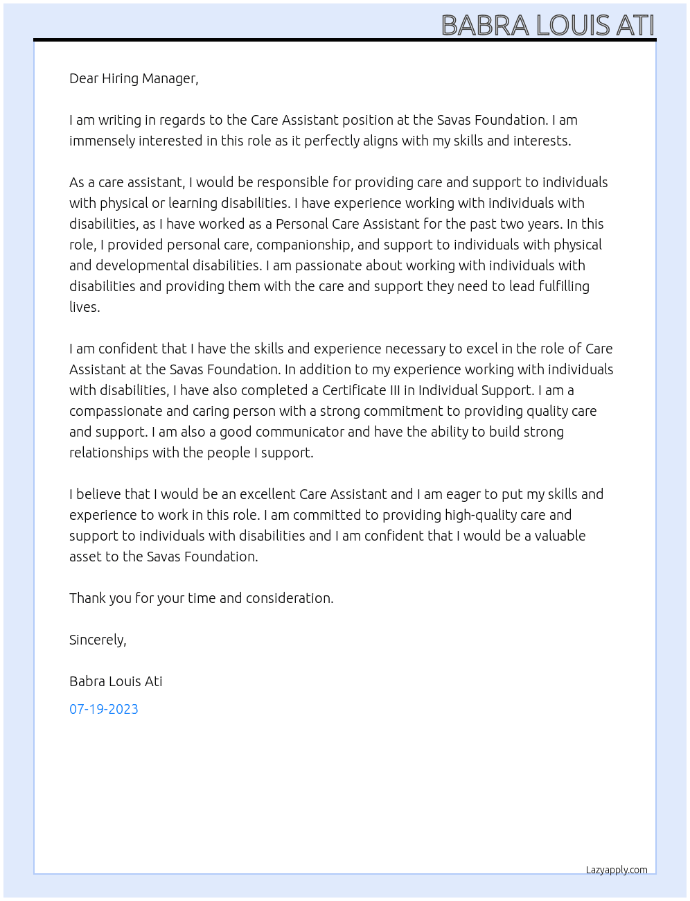 Care Assistant At Savas Foundation Cover Letter