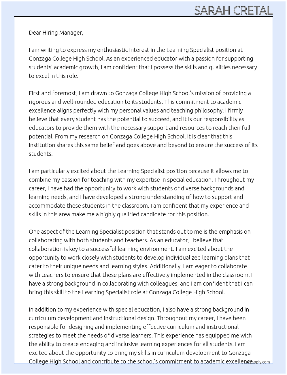 Learning Specialist At Gonzaga College High School Cover Letter
