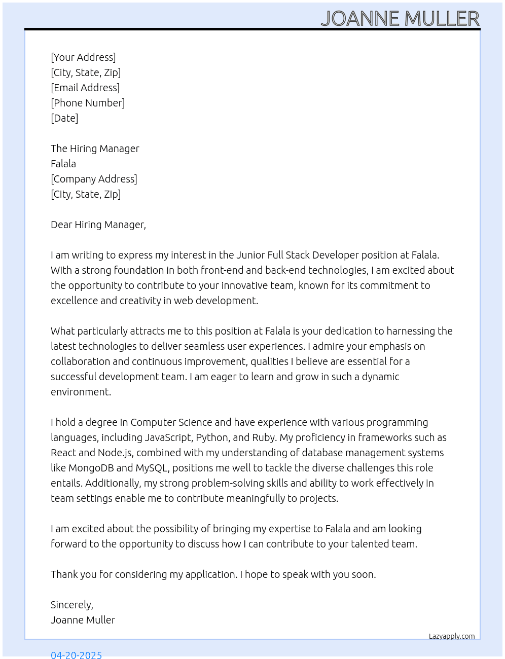 junior full stack developer At Falala Cover Letter