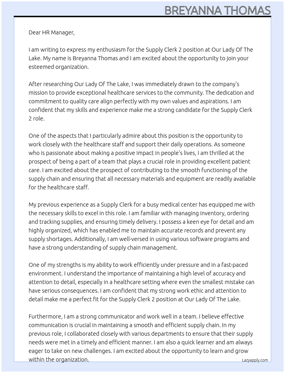 Supply Clerk 2 At Our Lady Of The Lake Cover Letter