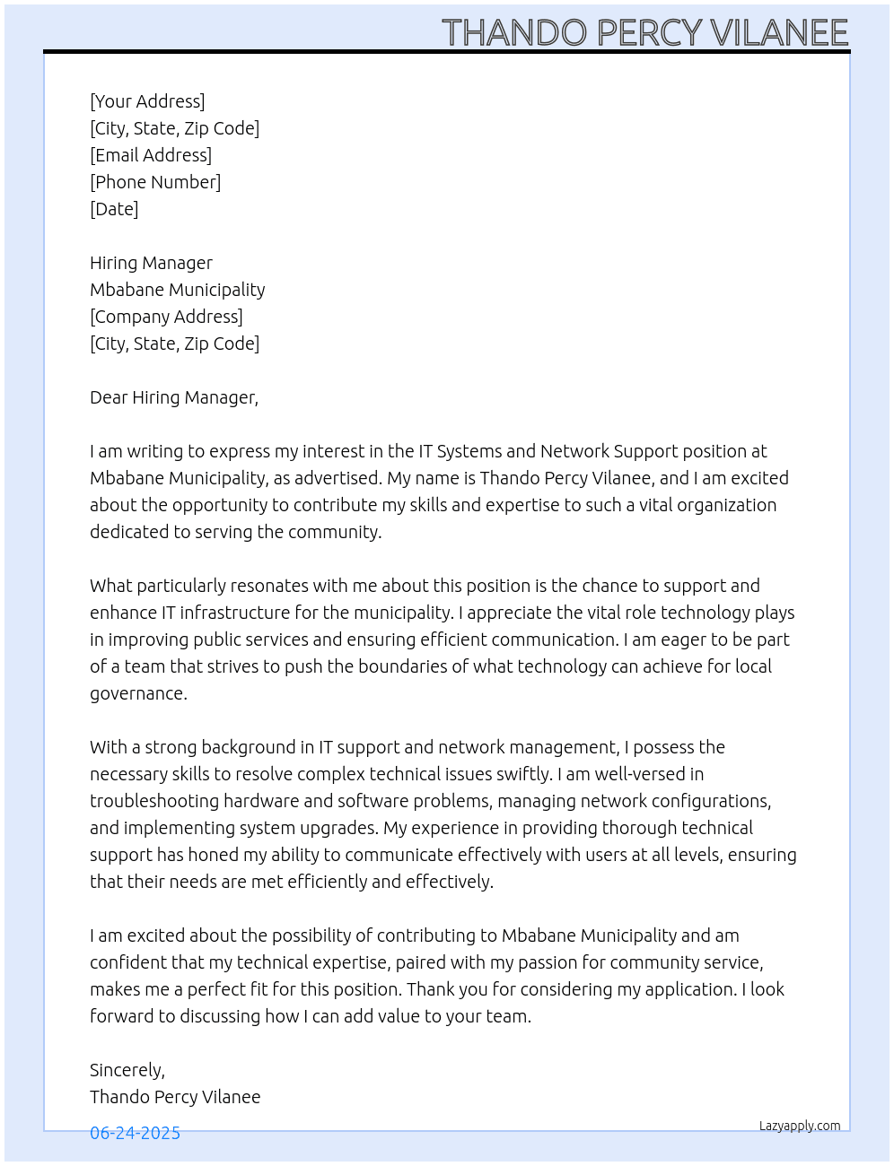 IT Systems and Network Support  At Mbabane Municipality  Cover Letter