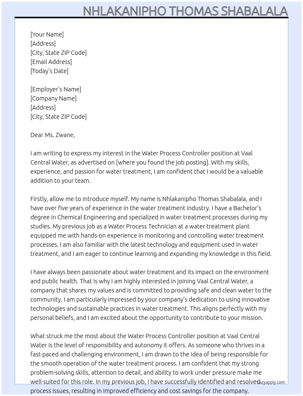 Water Process Controller At Vaal Central Water Cover Letter