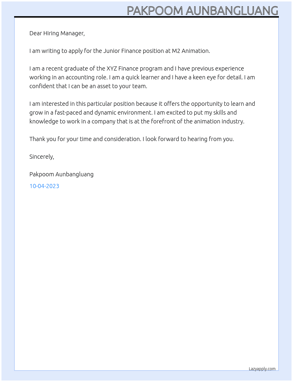 Junior Finance At M2 Animation Cover Letter