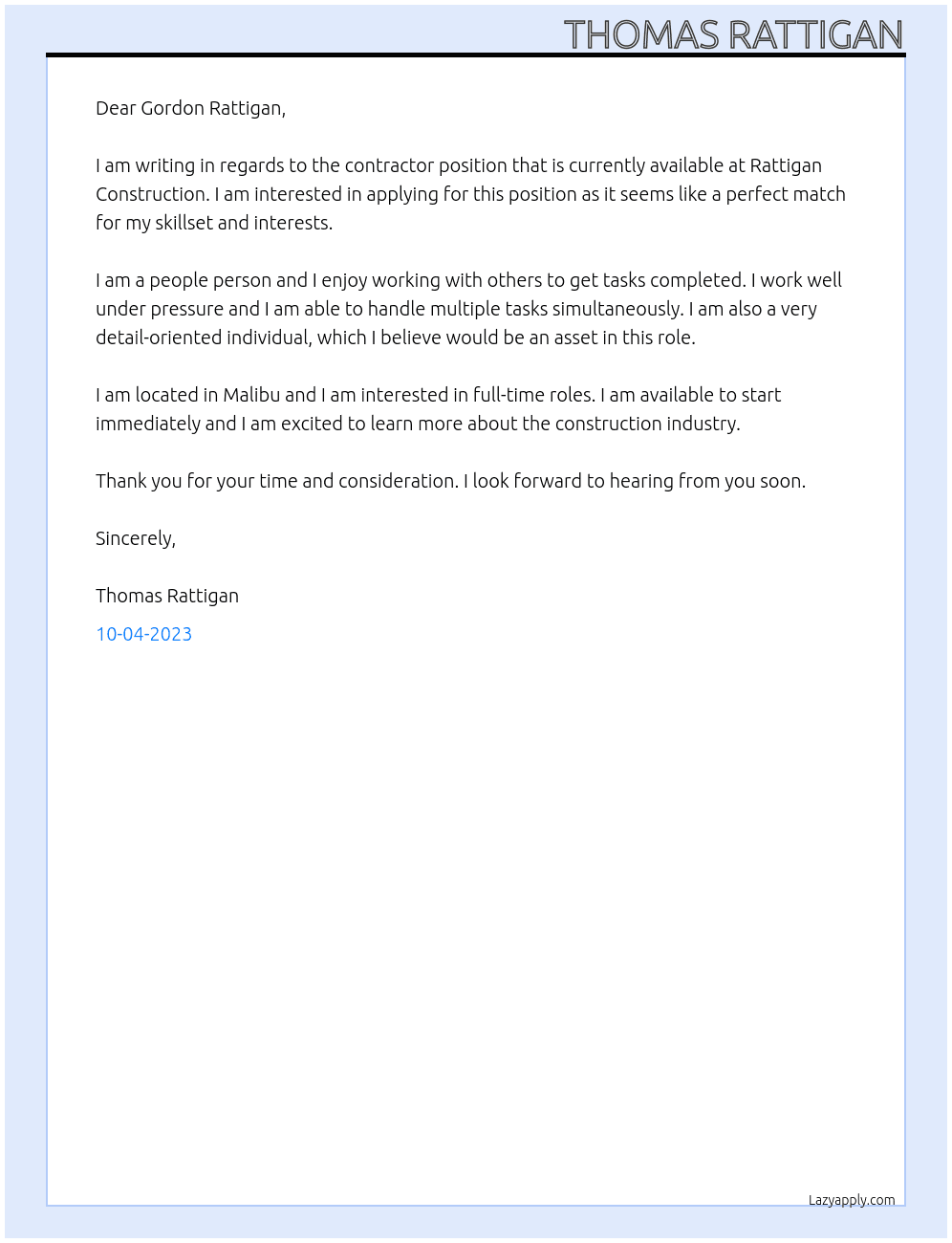 Contractor At Rattigan Construction  Cover Letter