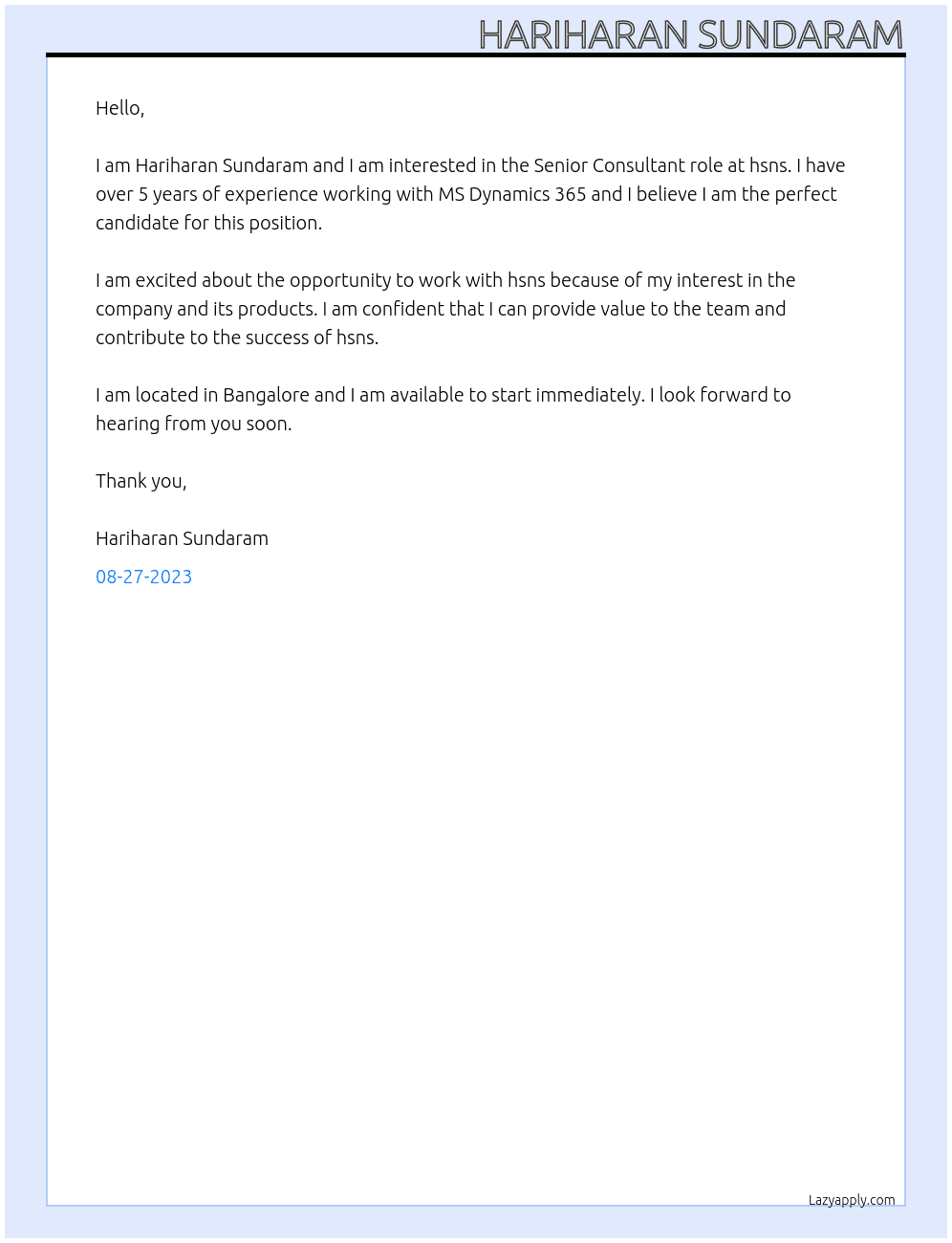MS Dynamics At hsns Cover Letter