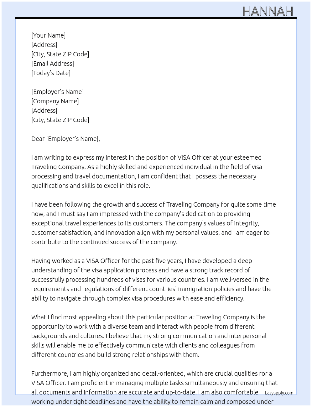 VISA officer At Traveling company  Cover Letter