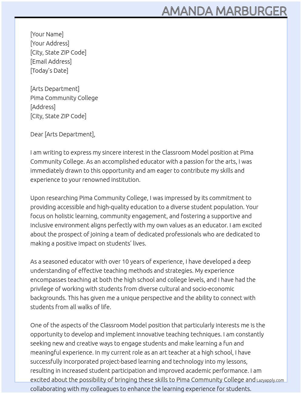 Classroom Model At Pima Community College Cover Letter