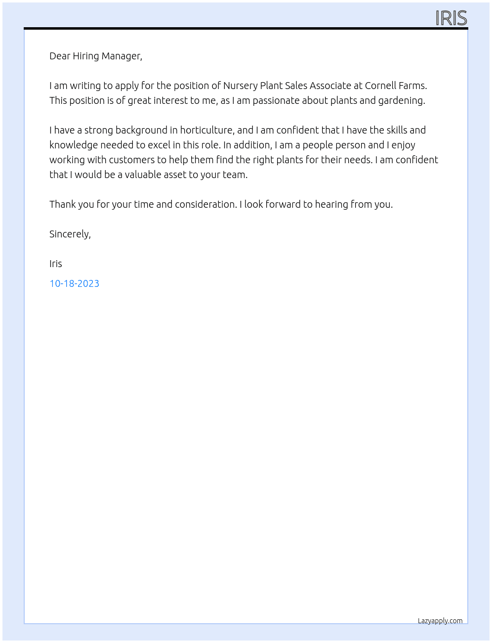 Nursery Plant Sales Associate At Cornell Farms Cover Letter